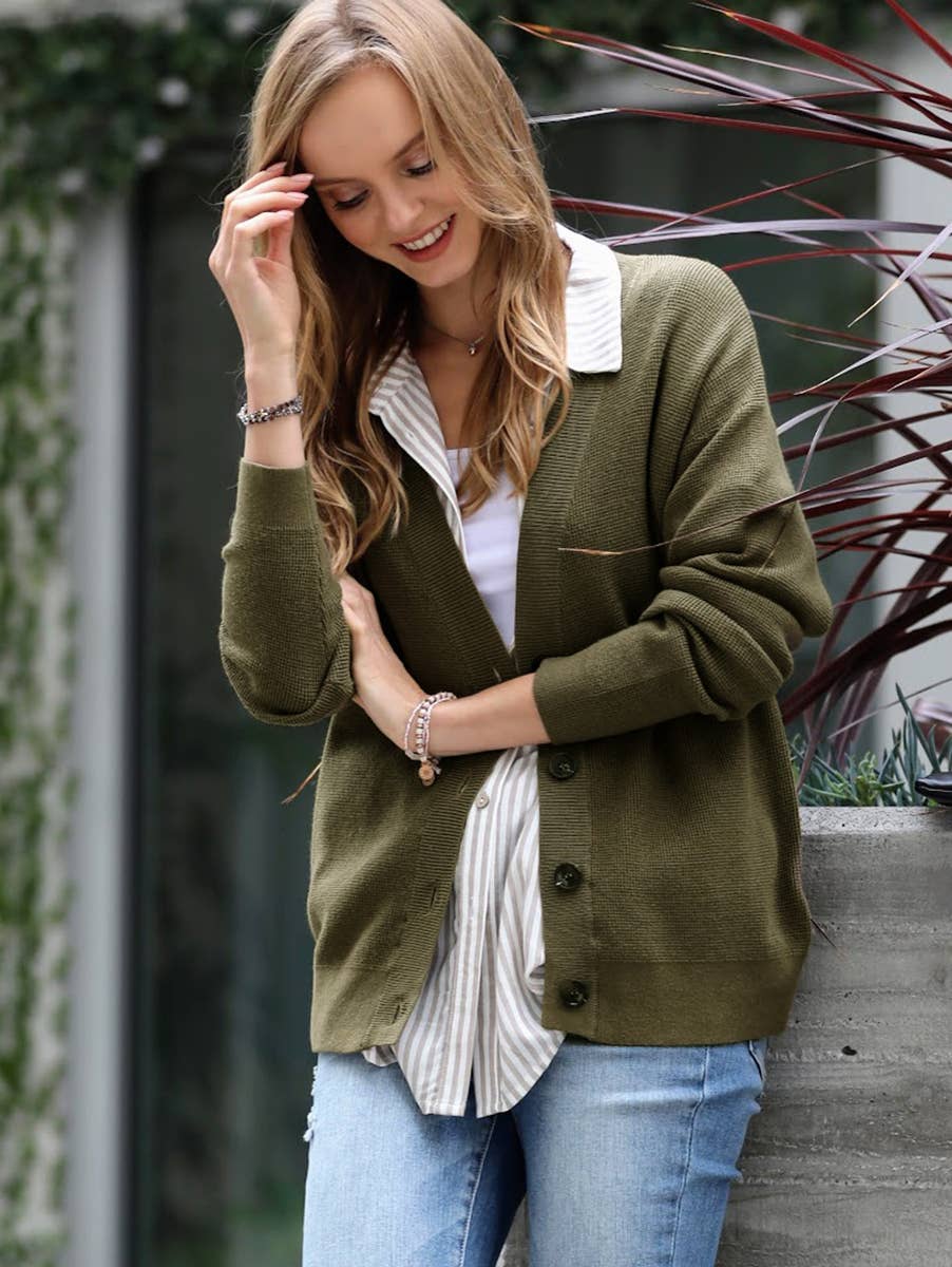 ",,.DROP SHOULDER BUTTON FRONT VISCOSE SWEATER CARDIGAN