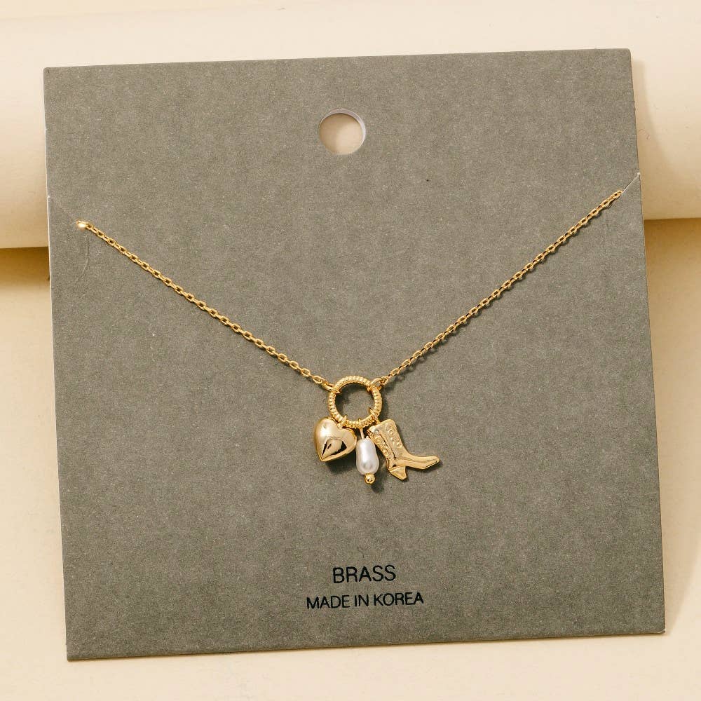 Western Cowboy Boot Heart Pearl Charms Chain Necklace