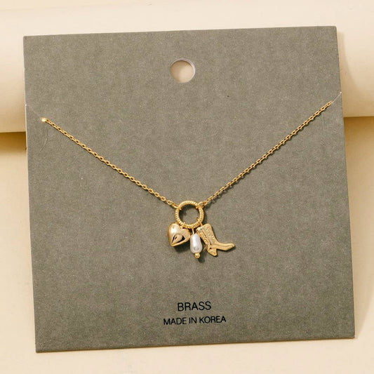 Western Cowboy Boot Heart Pearl Charms Chain Necklace