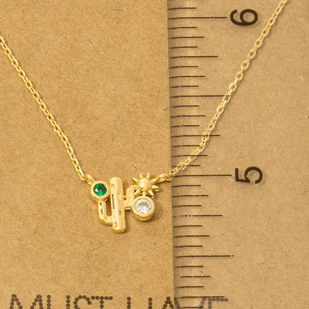 Gold Dipped Cz Cactus Western Pendant Necklace