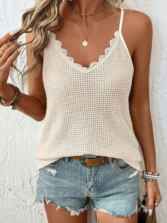 Women Knit Camisole Scallop Trim V Neck Tank Top