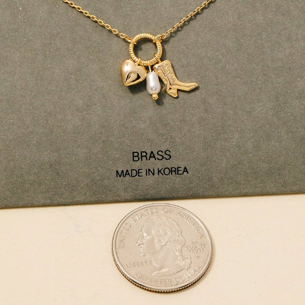 Western Cowboy Boot Heart Pearl Charms Chain Necklace