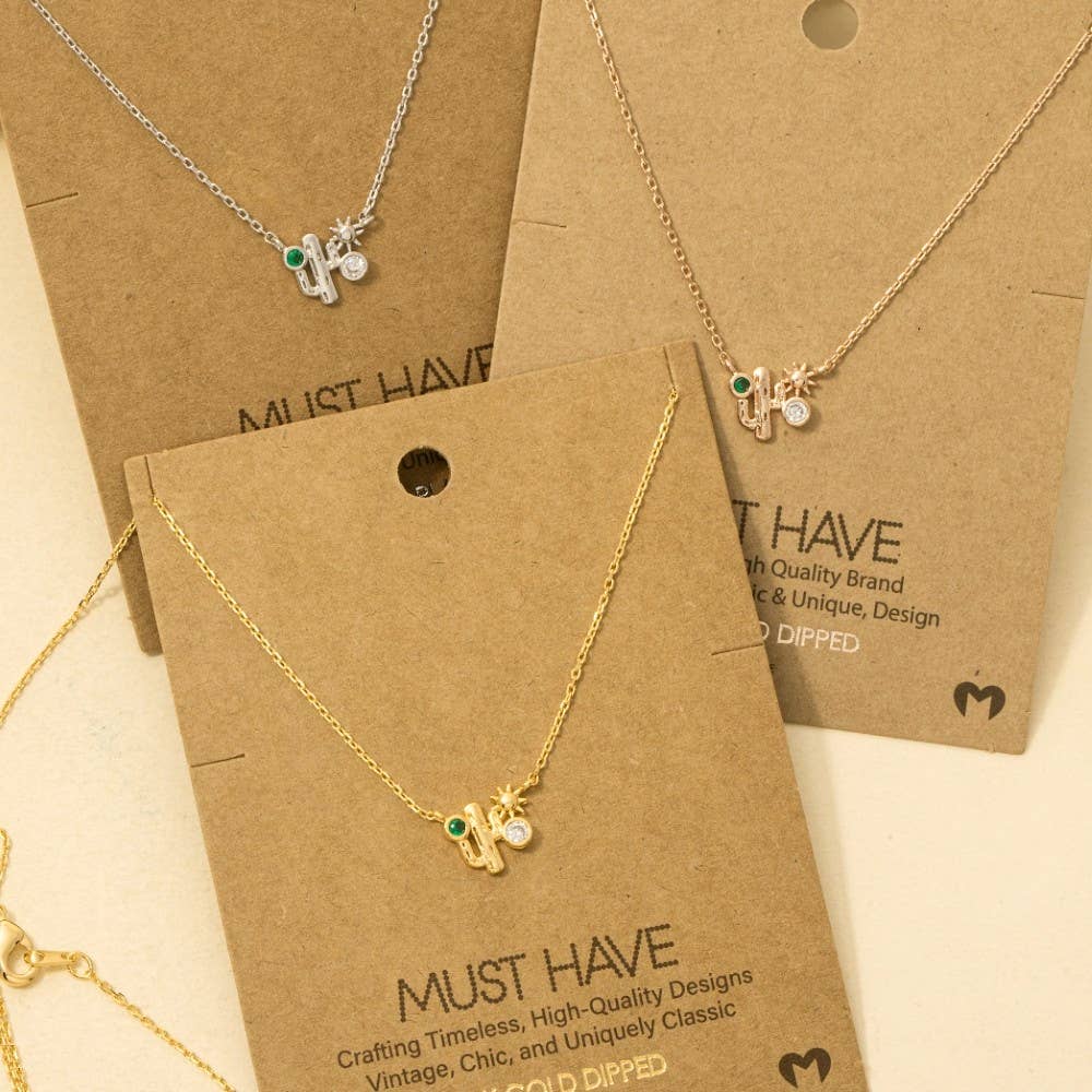 Gold Dipped Cz Cactus Western Pendant Necklace