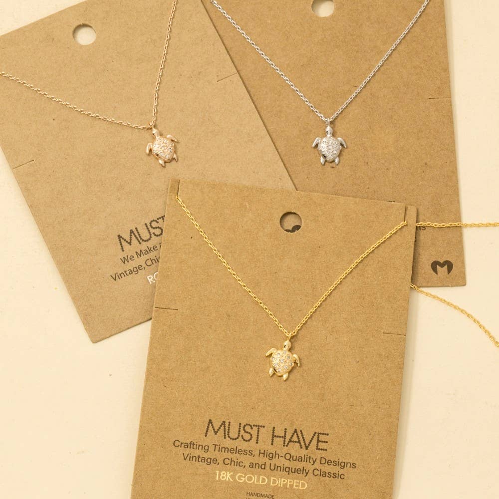 Gold Dipped Cz Studded Turtle Pendant Necklace