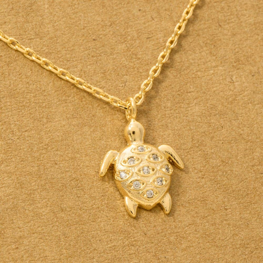 Gold Dipped Cz Studded Turtle Pendant Necklace