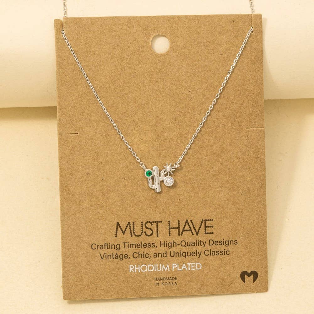 Gold Dipped Cz Cactus Western Pendant Necklace