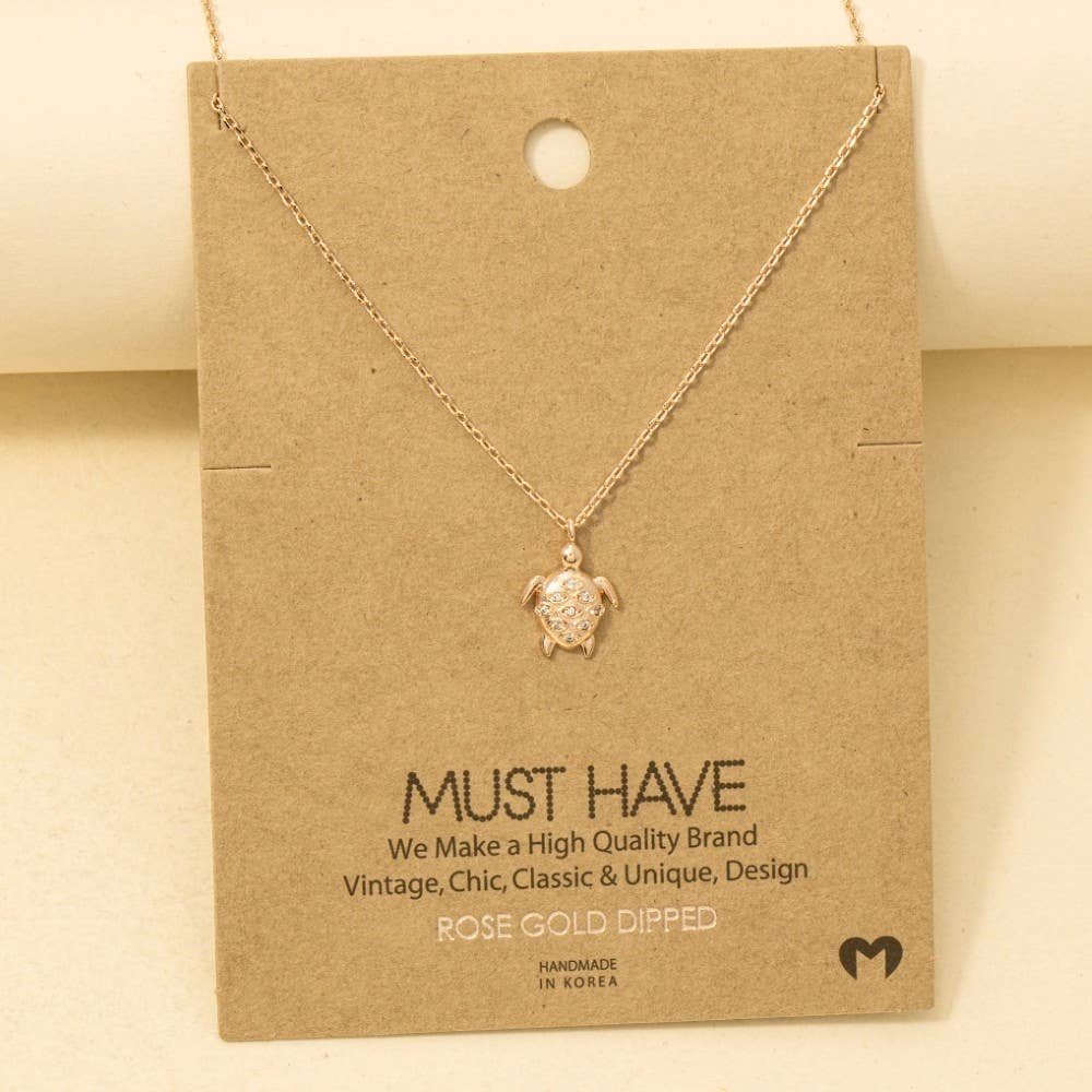 Gold Dipped Cz Studded Turtle Pendant Necklace