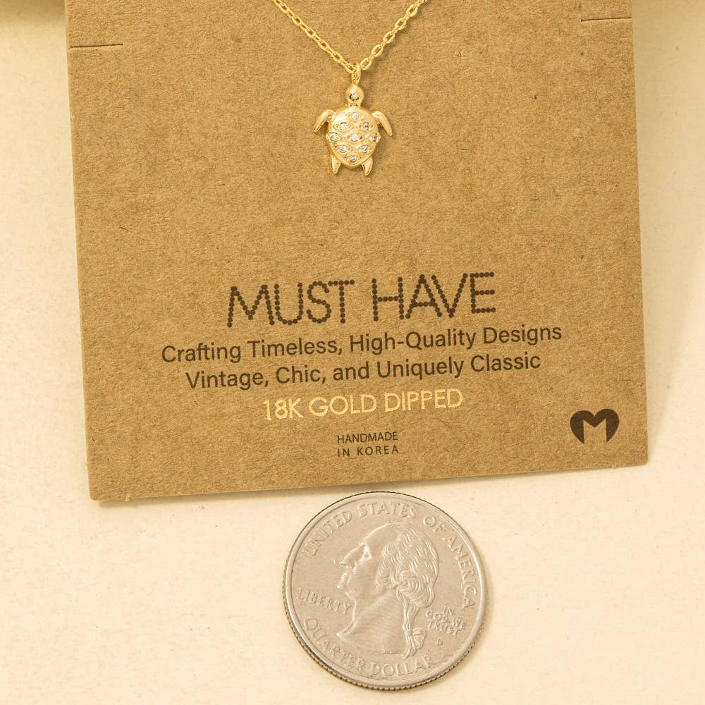 Gold Dipped Cz Studded Turtle Pendant Necklace