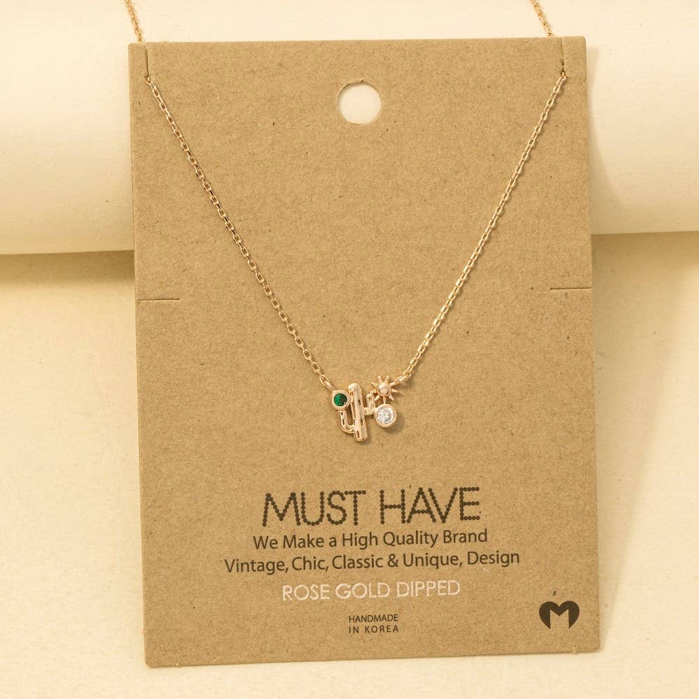 Gold Dipped Cz Cactus Western Pendant Necklace