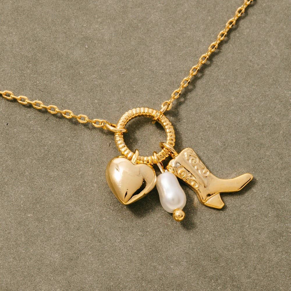 Western Cowboy Boot Heart Pearl Charms Chain Necklace