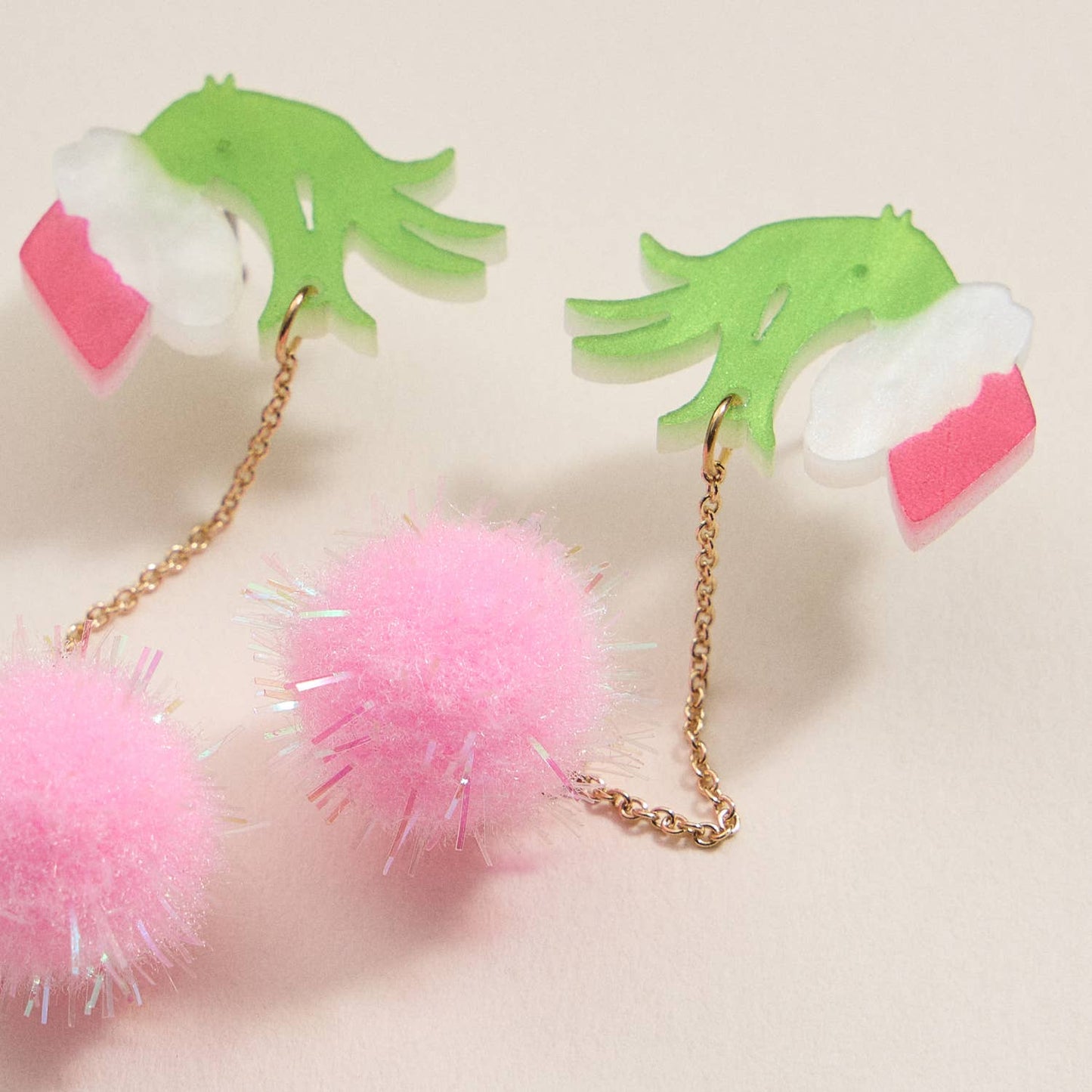 Christmas Green Monster Hand & Pom-Pom Dangling Earrings