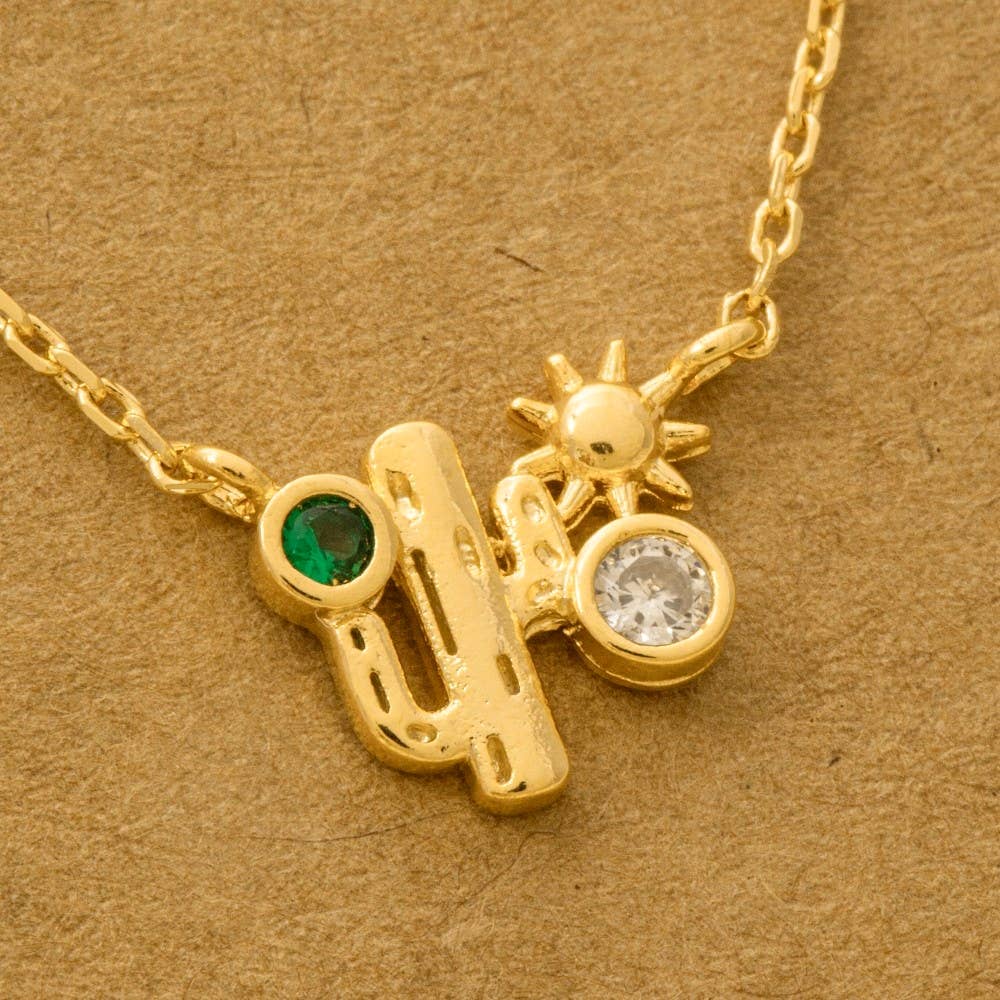 Gold Dipped Cz Cactus Western Pendant Necklace