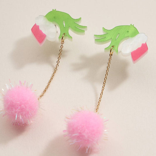 Christmas Green Monster Hand & Pom-Pom Dangling Earrings