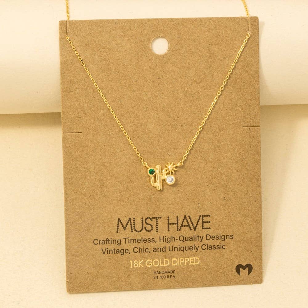 Gold Dipped Cz Cactus Western Pendant Necklace